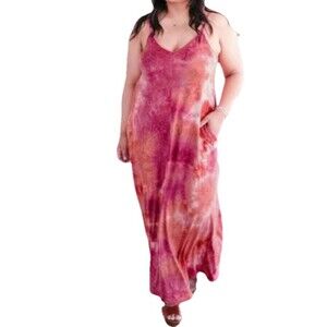 NINEXIS 3x TIE-DYE ROSE/CORAL MAXI SPAGHETTI STRAP STRETCH DRESS Beachy Casual